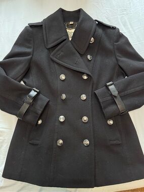 Burberry Virgin Wool Pea Coat (black) with 100% leather wrist cuffs - Size 12